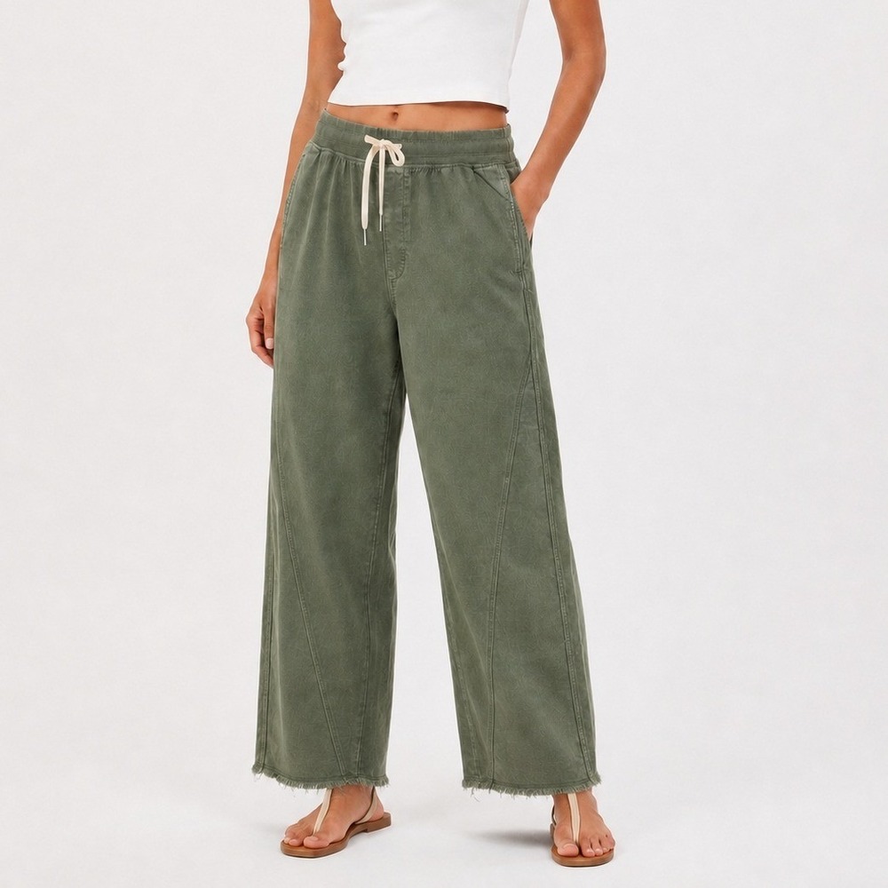 Aerie Women's Soft Landing Trouser Olive Green Size L Wide Leg Drawstring